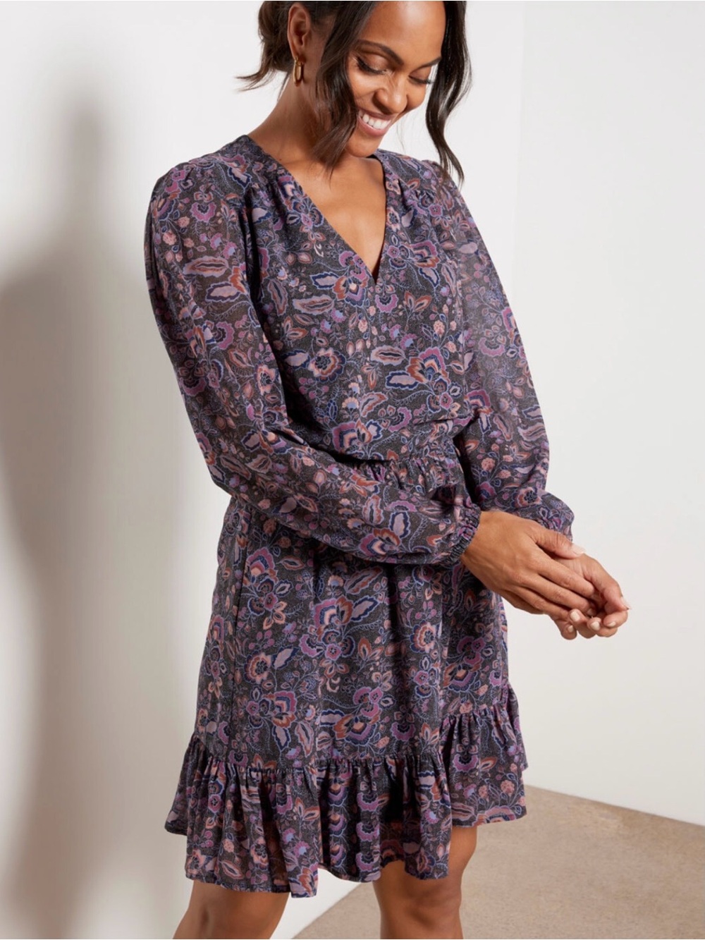 Evereve Dress Size Large Purple Paisley Romantic Fall Cottagecore Ruffle Boho